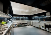 Kitchen with installed stretch ceiling
